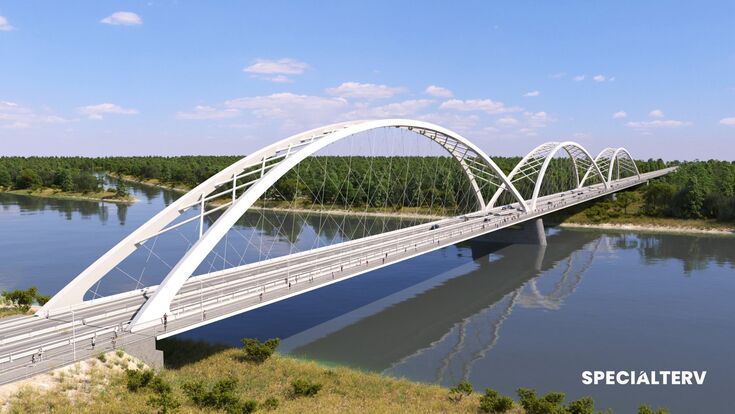 Drei Netzwerkbogenfelder prägen den Entwurf der neuen Donaubrücke bei Mohács. Die Visualisierung zeigt die 756 Meter lange Querung mit der größten Öffnung über dem Hauptstrom der Donau.