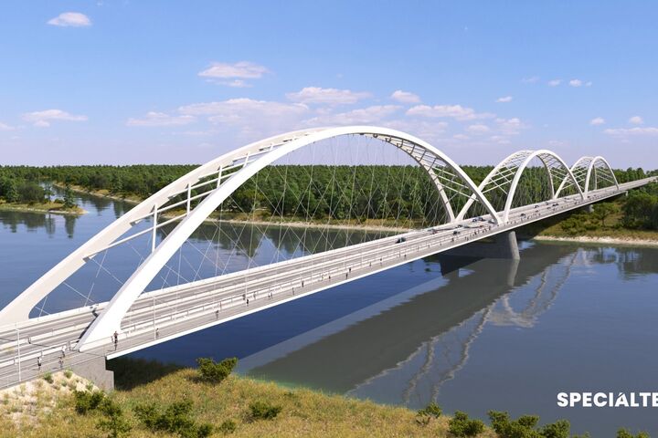 Drei Netzwerkbogenfelder prägen den Entwurf der neuen Donaubrücke bei Mohács. Die Visualisierung zeigt die 756 Meter lange Querung mit der größten Öffnung über dem Hauptstrom der Donau.