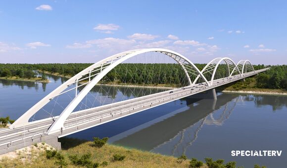 Drei Netzwerkbogenfelder prägen den Entwurf der neuen Donaubrücke bei Mohács. Die Visualisierung zeigt die 756 Meter lange Querung mit der größten Öffnung über dem Hauptstrom der Donau.