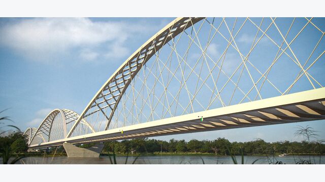 Das gekreuzte Hängernetz zwischen Stahlbogen und Fahrbahnplatte ist das charakteristische Merkmal der Brückenkonstruktion. Die Perspektive macht die filigrane Tragstruktur der Netzwerkbogenbrücke besonders deutlich.