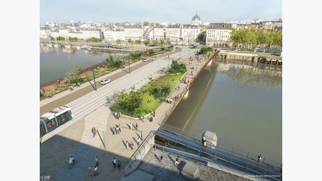 Aus einer Verkehrsbrücke soll ein öffentlicher Raum werden: Der Entwurf sieht breite Flächen für Straßenbahn, Rad- und Fußverkehr sowie begrünte Aufenthaltsbereiche vor.