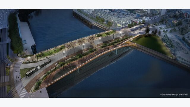 Die nächtliche Visualisierung zeigt den geplanten Endzustand: Die verbreiterte Brücke wird nicht nur Verkehrsachse, sondern zugleich Promenade und Aufenthaltsort über der Loire.