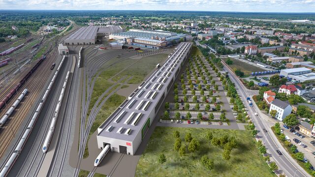 So soll das Gesamtareal nach Abschluss der Arbeiten aussehen: Die neuen Werkhallen werden über ein weit verzweigtes Gleisnetz an den bestehenden Standort angebunden.