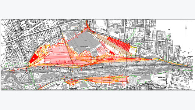 Planung in großem Maßstab: Der Lageplan macht sichtbar, wie tief die neuen Hallen, Zufahrten, Gleise und Außenanlagen in das bestehende Cottbuser Bahnareal eingreifen.