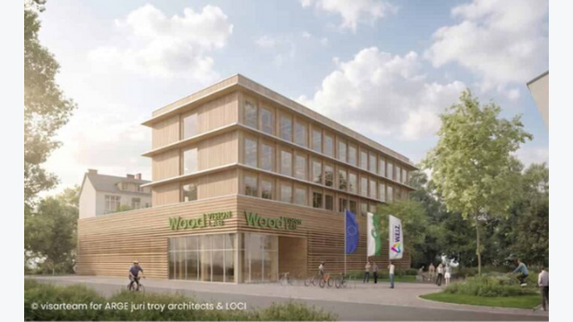 Visualisierung des geplanten Wood Vision Lab in Weiz. Das Innovationslabor soll auf mehr als 2.000 Quadratmetern Forschung, Entwicklung und industrielle Anwendungen im Holz-Leichtbau und mit biobasierten Materialien bündeln.