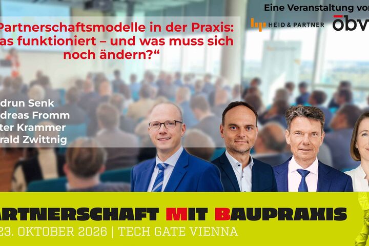 Bei der „Partnerschaft mit Baupraxis“ diskutieren Gudrun Senk, Andreas Fromm, Peter Krammer und Gerald Zwittnig über die Praxiserfahrungen mit Partnerschaftsmodellen.