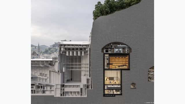 Querschnitt durch das geplante „Haus im Berg“: Die Visualisierung zeigt die neuen unterirdischen Räume im Mönchsberg und ihre Anbindung an den bestehenden Festspielkomplex.