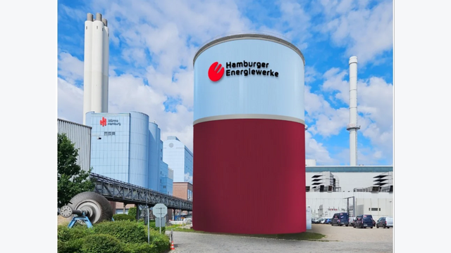 Visualisierung des geplanten Wärmespeichers im Energiepark Tiefstack: Der rund 51 Meter hohe Behälter soll künftig etwa 43 Millionen Liter heißes Wasser aufnehmen.