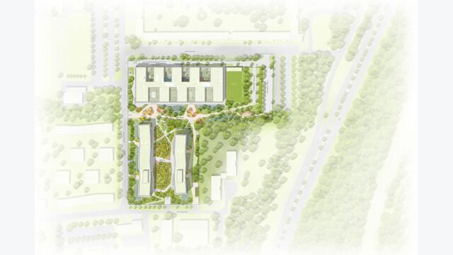 Der Lageplan zeigt das Lehrgebäude im Norden sowie die beiden langgestreckten Wohngebäude im südlichen Teil des Campus.