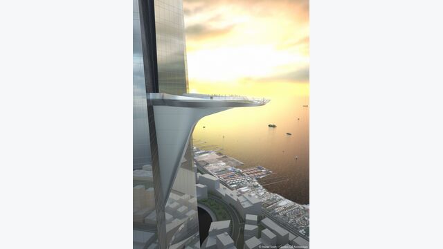 In rund 630 Metern Höhe sieht der Entwurf eine weit auskragende Sky Terrace vor. Die Plattform auf Ebene 157 soll einen spektakulären Blick über Jeddah und das Rote Meer ermöglichen.