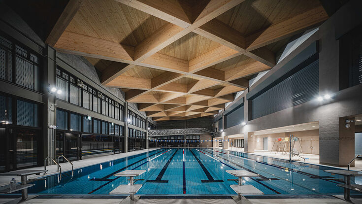 95 vorgefertigte Holzträger aus Niederösterreich prägen die Dachkonstruktion des Dounan Sports Centre in Taiwan. Die ungewöhnliche Holzkonstruktion überspannt unter anderem die Schwimmhalle.