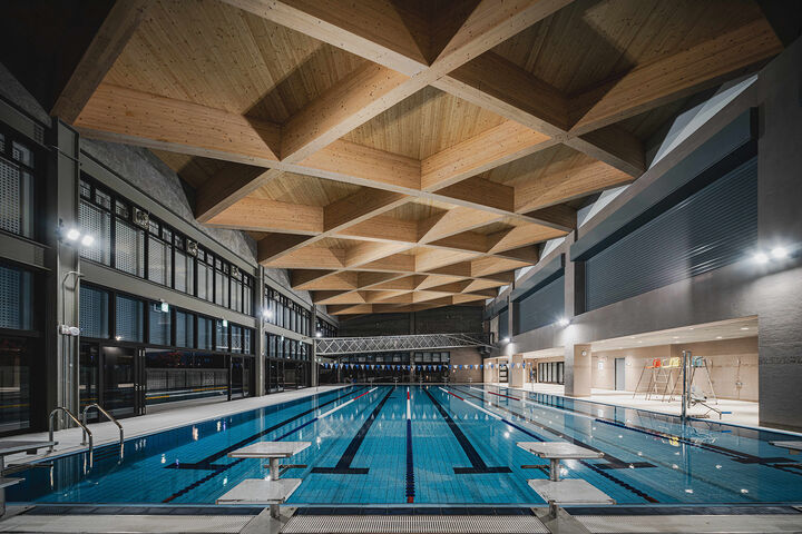 95 vorgefertigte Holzträger aus Niederösterreich prägen die Dachkonstruktion des Dounan Sports Centre in Taiwan. Die ungewöhnliche Holzkonstruktion überspannt unter anderem die Schwimmhalle.