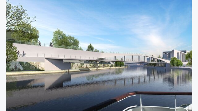 So soll die Südbrücke nach Fertigstellung aussehen: Sie verbindet das Bundeskanzleramt mit dem Erweiterungsbau westlich der Spree. Die beiden Ebenen ermöglichen getrennte Wege für die interne Nutzung und die Öffentlichkeit. Visualisierung: Schultes Frank Architekten.