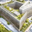So soll das neue Landesdienstleistungszentrum in Salzburg aussehen: Das rund 50.000 Quadratmeter große Verwaltungsgebäude entsteht in Holz-Hybridbauweise und wird von der ARGE HABAU–SWIETELSKY errichtet. Die Visualisierung zeigt die markante Gebäudeform mit begrünten Dachflächen und Innenhöfen.