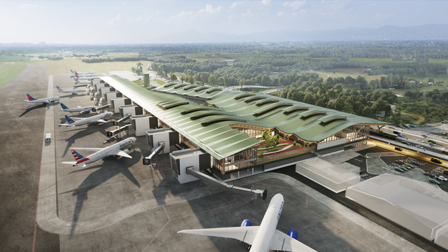 So soll das neue Terminal des Cibao International Airport aussehen: Die Architekturvisualisierung zeigt die markante Dachlandschaft mit ihren geschwungenen Formen und die angrenzenden Flugzeugpositionen.