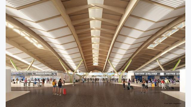 Visualisierung des geplanten Abflugbereichs: Die sichtbare Holzkonstruktion mit ihren geschwungenen Trägern soll das Erscheinungsbild der neuen Terminalhalle prägen.
