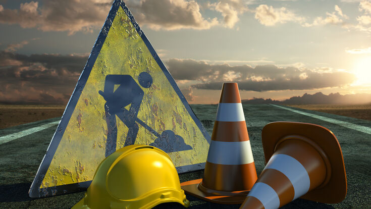 © beawolf - stock.adobe.com under construction work progress traffic cone hat hard yellow helmet asphalt 3d alert background barrier boundary caution danger forbidden highway illustration isolated marking orange plastic road safety security sign site stop street striped symbol transportation warning white sunset